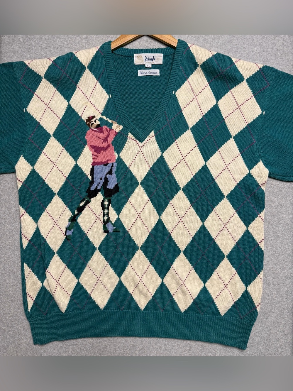 Vintage Pringle of Scotland XL Golf Sweater Hand Intarsia Argyle Golfer Cotton